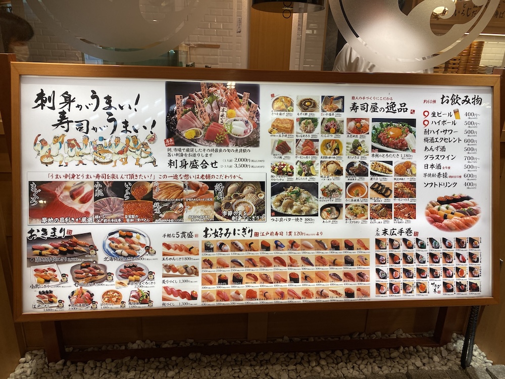 Signage at conveyor belt sushi restaurants. The level of variety of fish is astonishing.